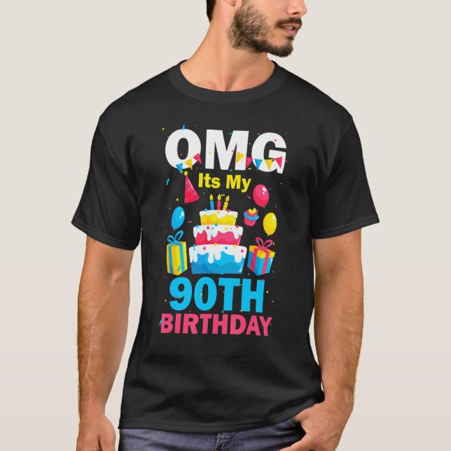 90 års gammal Födelsedagsfest OMG Lycklig 90:e Bir T Shirt (Framsida)
