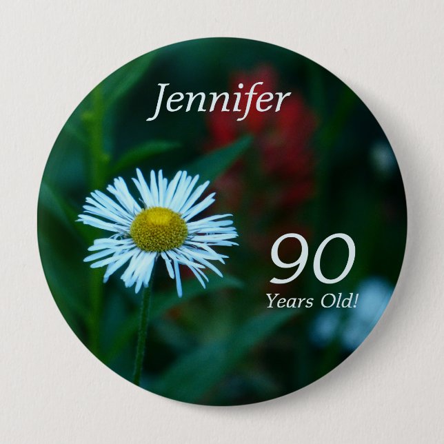 90 års gammal, vit Daisy WildFlower Button Pin Knapp (Framsida)