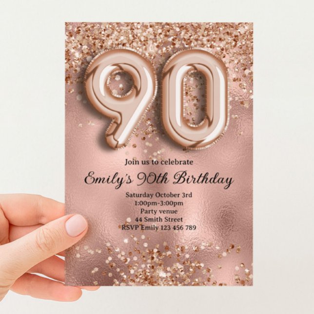 90-års Roséguld Glitter Födelsedag Inbjudningar (Skapare uppladdad)