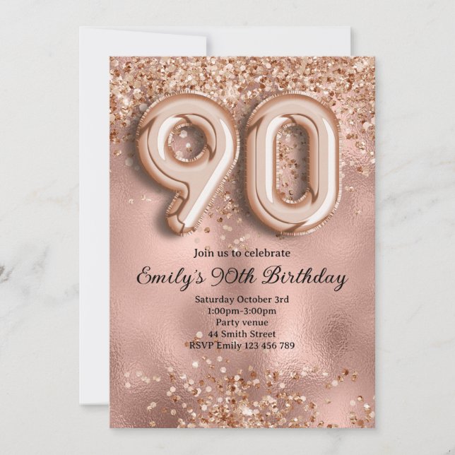 90-års Roséguld Glitter Födelsedag Inbjudningar (Framsida)