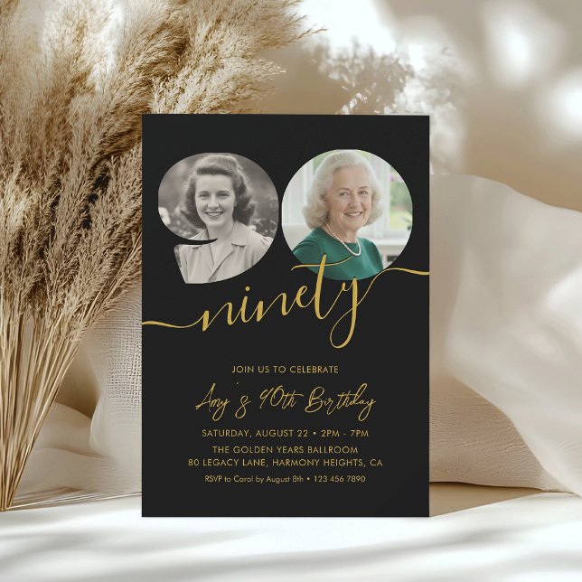 90-års svart och guld födelsedagsfoto inbjudningar (Skapare uppladdad)