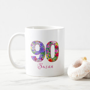 90 års utformning av blommigten i födelsedagsfest kaffemugg