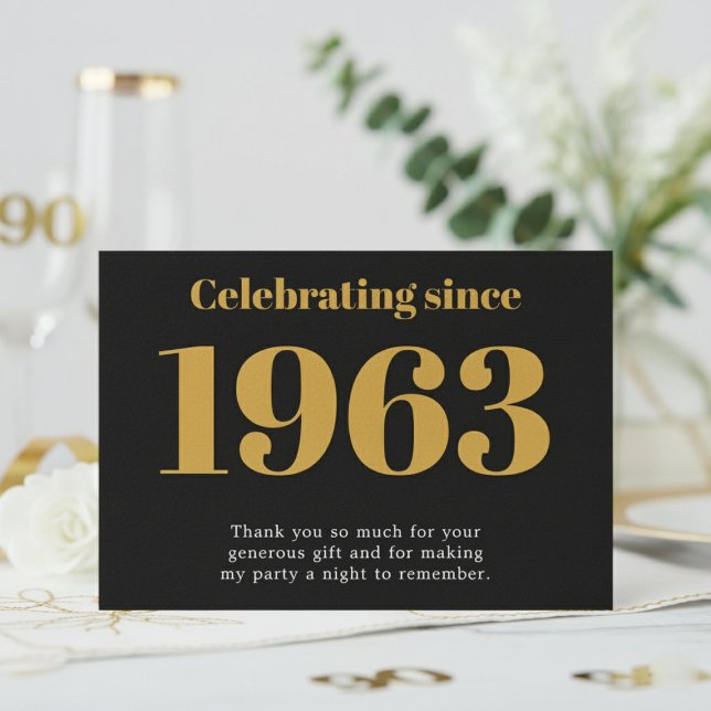 90-årsdag 1936 Retro Svart Och Guld Tack Kort (1963 thank you card. White background.)