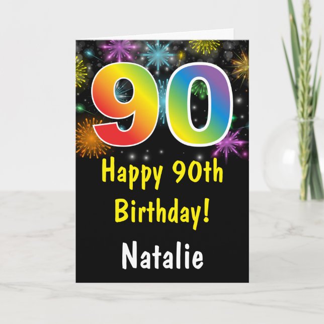 90-årsdag Färgglad regnbåge fyrverkeri-kort Kort (Framsida)