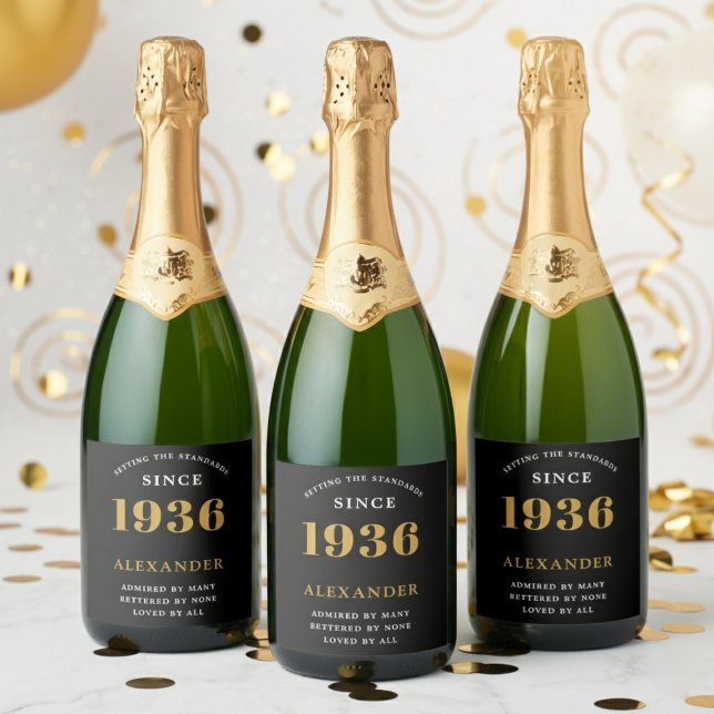 90-årsdag Namn 1936 Svart Guld Elegant Chic (1936 Sparkling wine label. White background.)