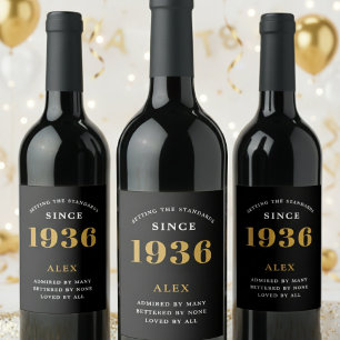 90-årsdag Namn 1936 Svart Guld Elegant Chic Vinflaska Etikett
