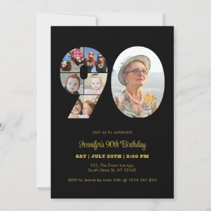 90-årsdag Nummer 90 Fotokollage Modern Svart Inbjudningar