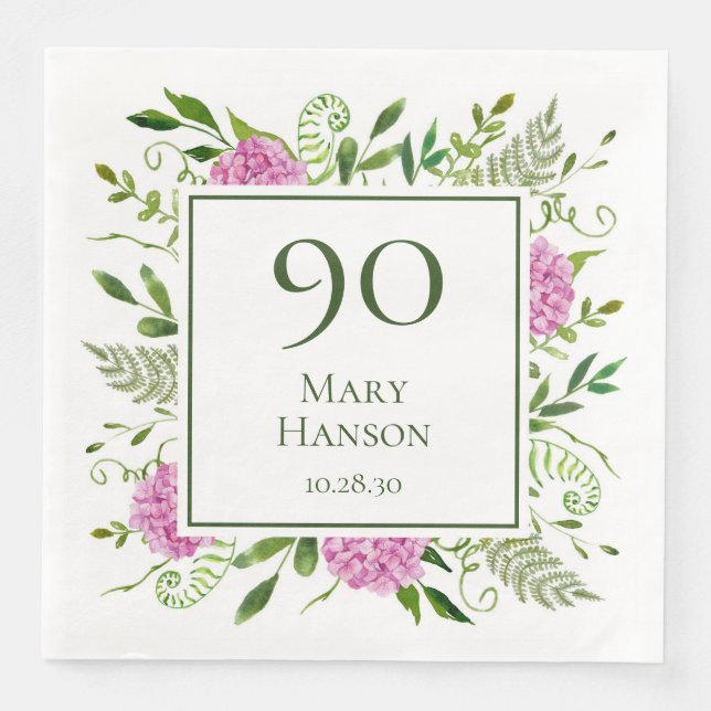 90-årsdag Rosa Hydrangeor Pappersservett (Framsida)