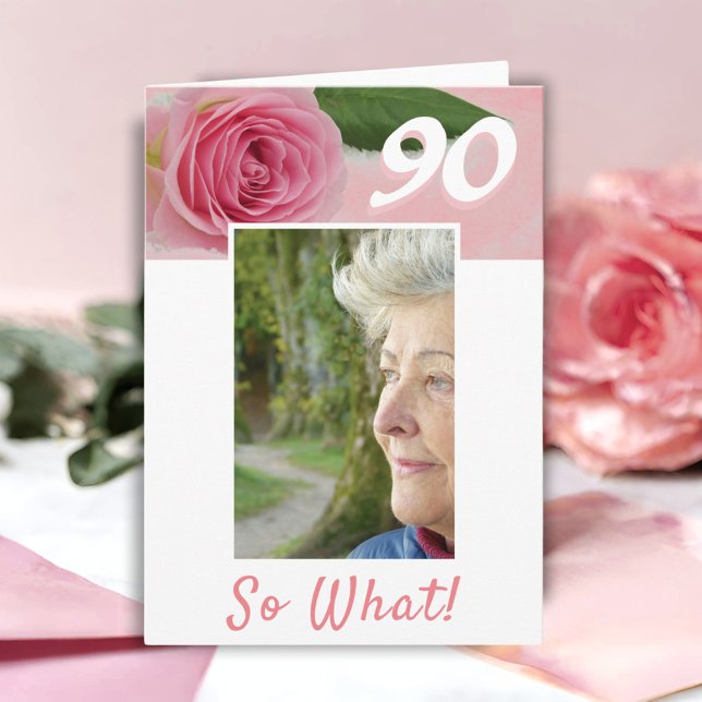 90-årsdag Rosa Ros Positivt Foto Födelsedag Kort (Skapare uppladdad)