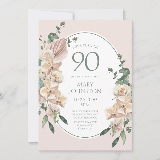 90-årsdag Tropisk Blomsterbukett Inbjudningar (Framsida)
