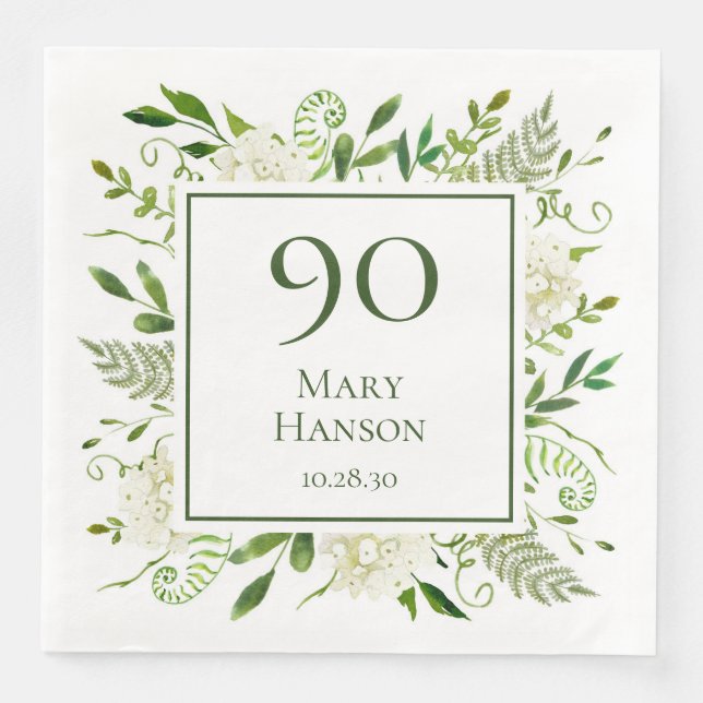 90-årsdag Vita Hydrangeor Pappersservett (Framsida)