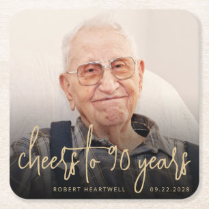 90-årsfest Foto Skål Gold Script Underlägg Papper Kvadrat