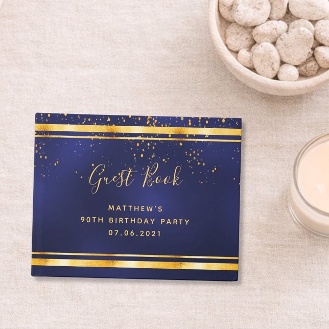 90-årsfest mörkblå guldkonfetti gästböcker (Skapare uppladdad)