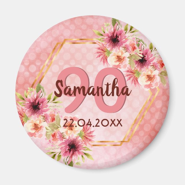 90-årsfest rosa blommig save the date magnet (Framsidan)
