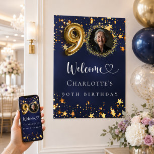 90-årsfirande blå guldstjärnor foto välkomstskylt poster