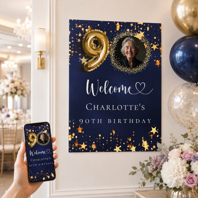 90-årsfirande blå guldstjärnor foto välkomstskylt poster (Skapare uppladdad)