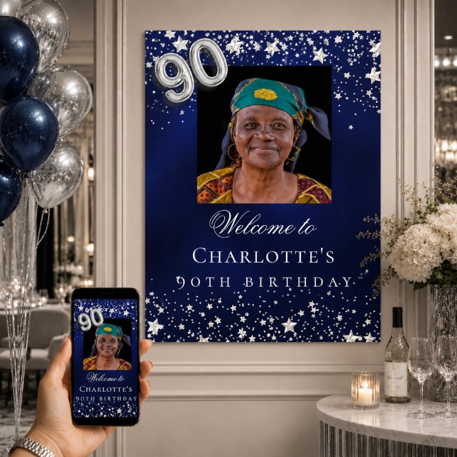 90-årsfirande blå silverstjärnor foto välkomstskyl poster (Skapare uppladdad)
