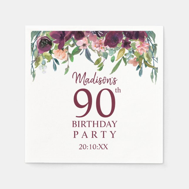 90-årsfirande | Burgundy Marsala Blommig Fest Pappersservett (Framsidan)