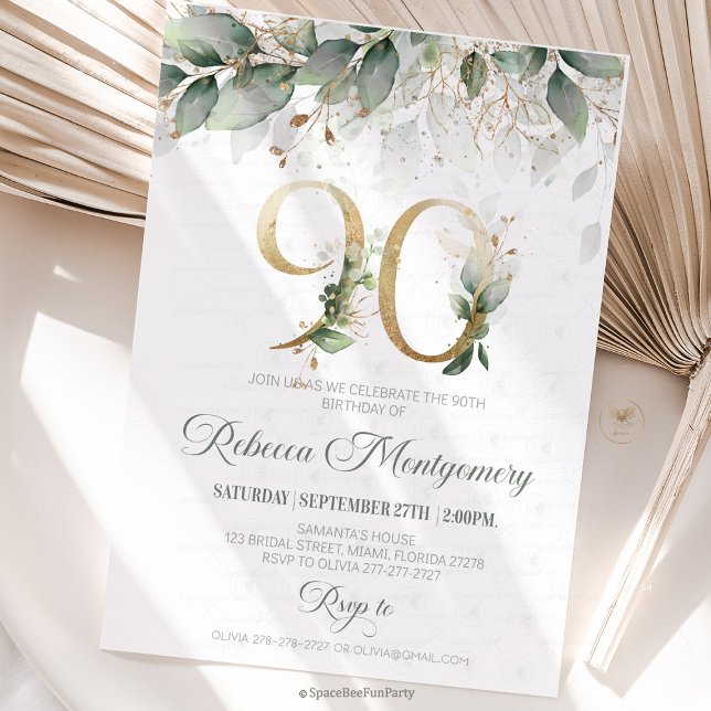 90-årsfirande Elegant milstolpsinbjudan OSA Kort (90th birthday invitation, editable sage green invitation, elegant floral design,  year old brunch, 9)