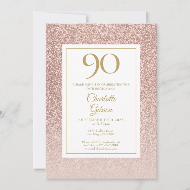 90-årsfirande Elegant Roséguld Glitter Inbjudningar (Framsida)