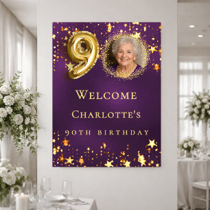 90-årsfirande lila guldstjärnor foto välkomstskylt poster