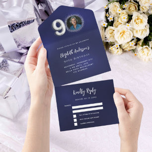 90-årsfirande marinblå silver foton rsvp