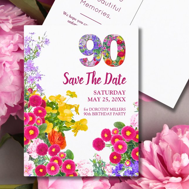 90-årsfirande modern blommig Save The Date-brevkor Meddelande Vykort (Skapare uppladdad)