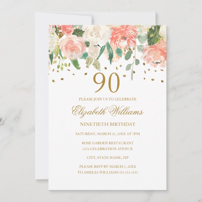 90-årsfirande Peach Gold Blommig Inbjudan (Framsida)
