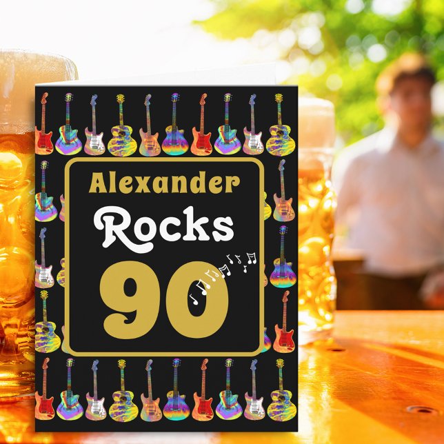 90-årsfirande Retro Groovy Gitarr Personlig Kort (Music lovers Guitar 90th birthday personalized name rocks 90 black & gold rock and roll folded card)