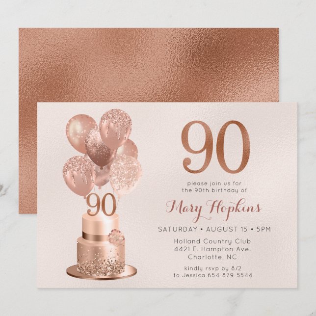 90-årsfirande Rosa Guld Tårta Inbjudningar (Fram/baksida)