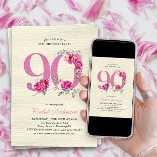 90-årsfirande Rosa Peony Blommig Nummer 90 Inbjudningar