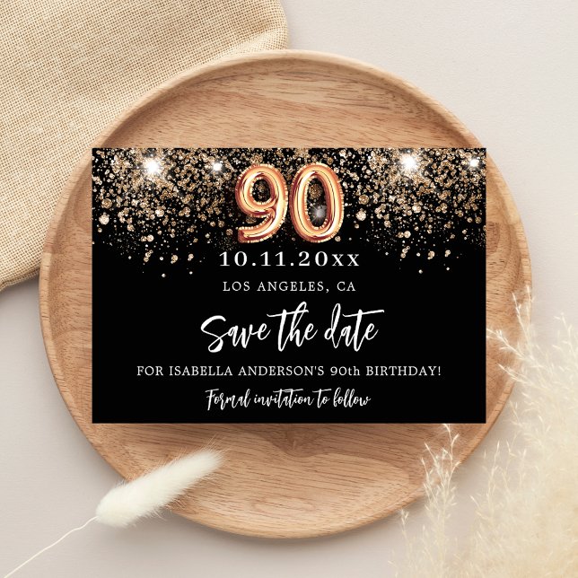 90-årsfirande svart guld glitter save the date meddelande vykort (Skapare uppladdad)