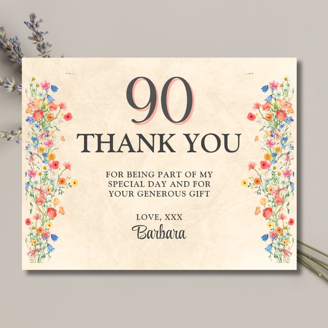 90-årsfirande Tack Vildblomma Elegant Fest Kort (Skapare uppladdad)