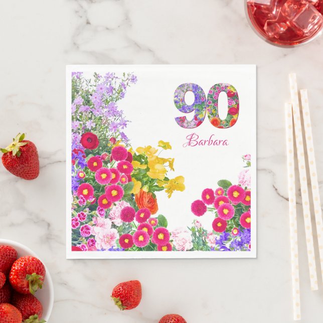 90-årsfirande Trädgårdsblommor Elegant Fest Pappersservett (Insitu)