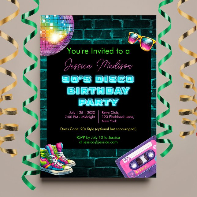 90-årsjubileum Neon Disco Birthday Inbjudningar (Skapare uppladdad)