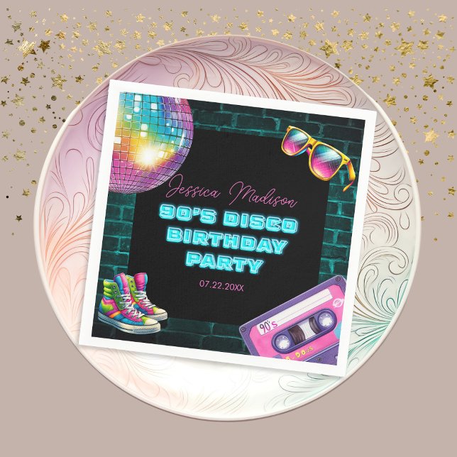 90-årsjubileum Neon Disco Birthday Pappersservett (Skapare uppladdad)