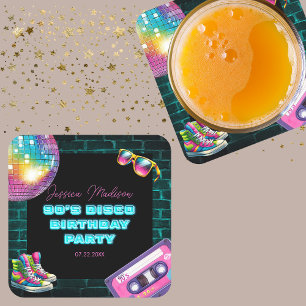 90-årsjubileum Neon Disco Birthday Underlägg Papper Kvadrat