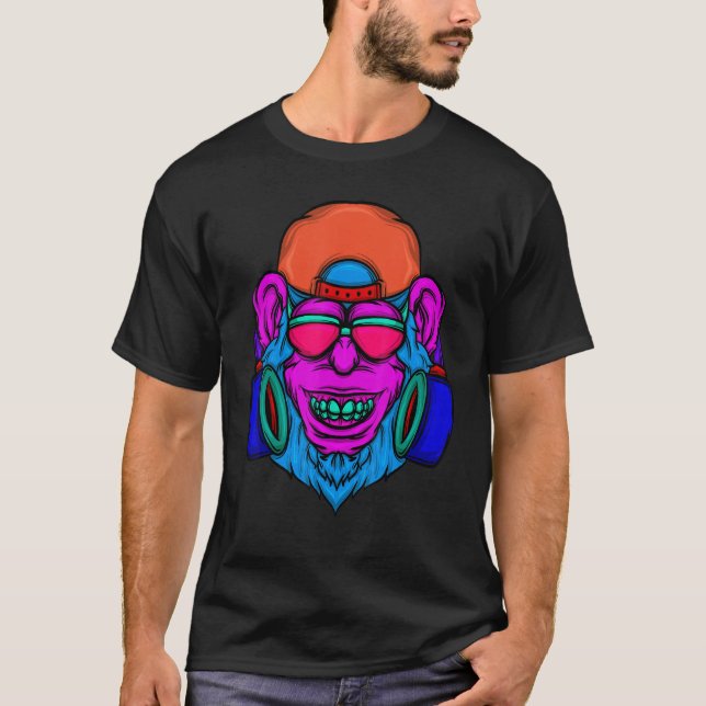 90:e av Monkey Dj Zookeeper Music Primate Retro 80 T Shirt (Framsida)
