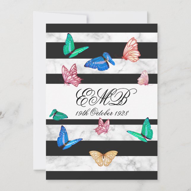 90:e Birthday Black White Butterfly Birthday Invi Inbjudningar (Baksida)