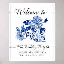 90:e Birthday Blue and White Chinoiserie Blommigt Poster