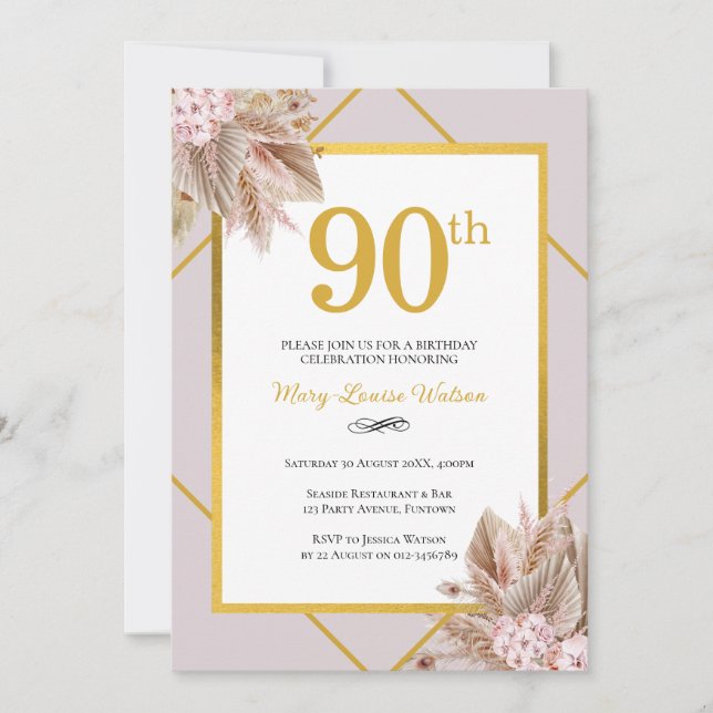 90:e Birthday Boho-Blommigt Inbjudningar (Framsida)