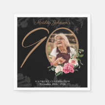 90:e Birthday Elegant Blommigt Black Guld Anpassni