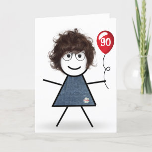 90:e Birthday Stick Girl med Red Balloon Kort