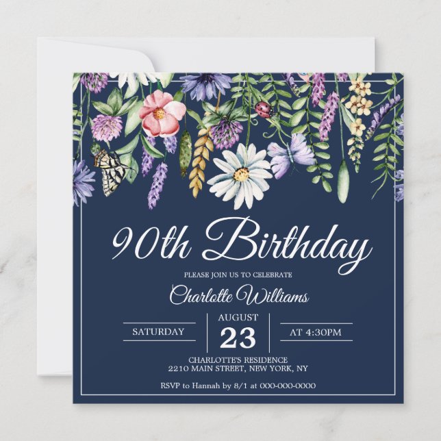 90:e Birthday Wildblommes Elegant Navy Blue Blommi Inbjudningar (Framsida)