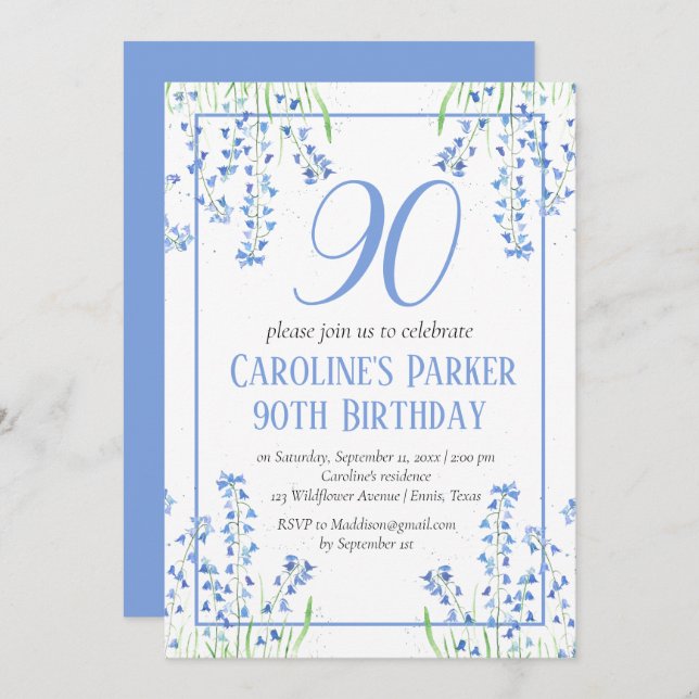 90:e blåbjörn Blåblå Blommigt Botaniska Inbjudningar (Fram/baksida)