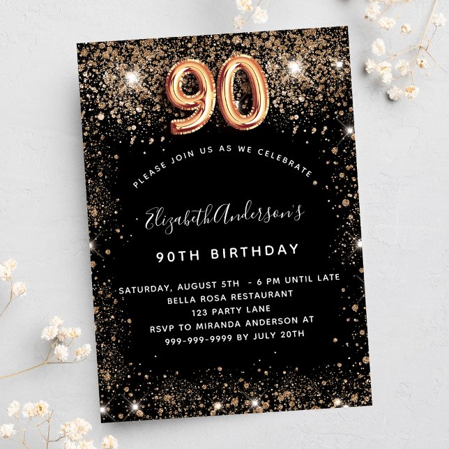 90:e bläckpatroner av svart guld glitter inbjudan vykort (Skapare uppladdad)