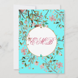90:e Blommigt Aqua Blue Elegant Monogram Birthday Inbjudningar