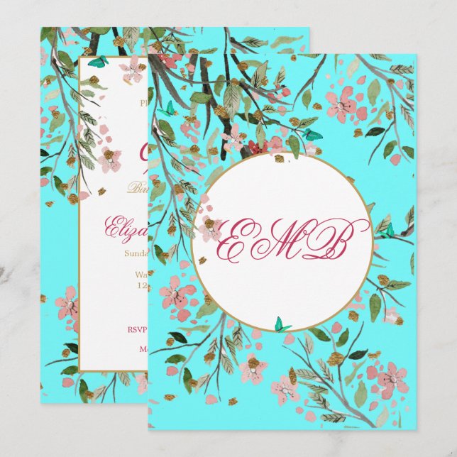 90:e Blommigt Aqua Blue Elegant Monogram Birthday Inbjudningar (Fram/baksida)