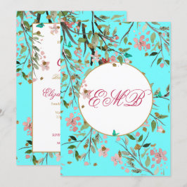 90:e Blommigt Aqua Blue Elegant Monogram Birthday Inbjudningar