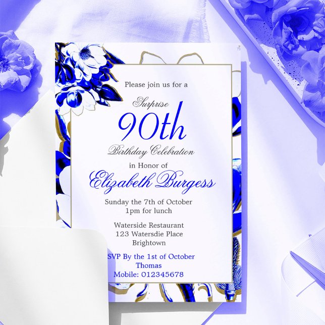 90:e Blommigt Blått och Vita Vår-Elegantens födels Inbjudningar (Skapare uppladdad)